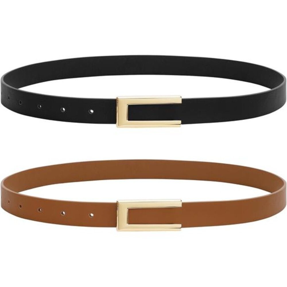 2 Pack Skinny Leather Belts For Women Thin Waist Belt Gold Buckle Dresses Jeans